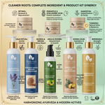 Collection of 'Cleaner Roots' skincare and hair care products with product descriptions on a decorative background.