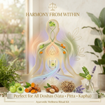 Ayurvedic wellness ritual kit with elements for all doshas, featuring plants and natural items. Balanced