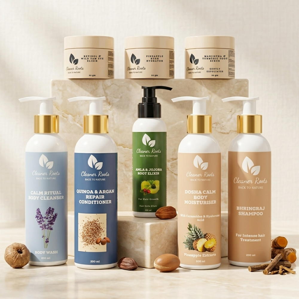 Collection of skincare and hair care products from Claires Roots on a neutral background