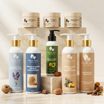 Collection of skincare and hair care products from Claires Roots on a neutral background