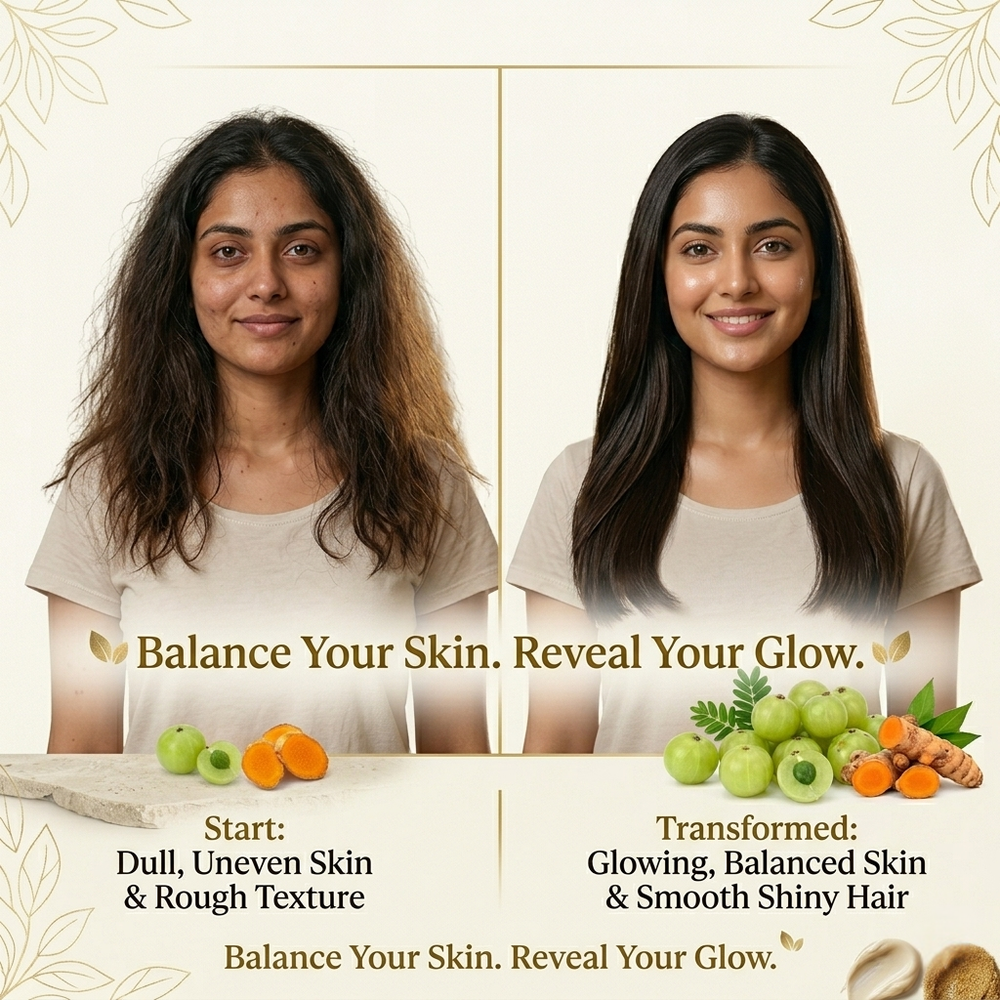Before and after comparison of a woman's skin and hair with text promoting skincare and hair care products.