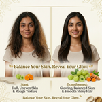 Before and after comparison of a woman's skin and hair with text promoting skincare and hair care products.