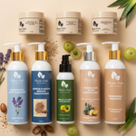 Collection of 'Cleaner Roots' skincare and hair care products on a beige background with natural elements.