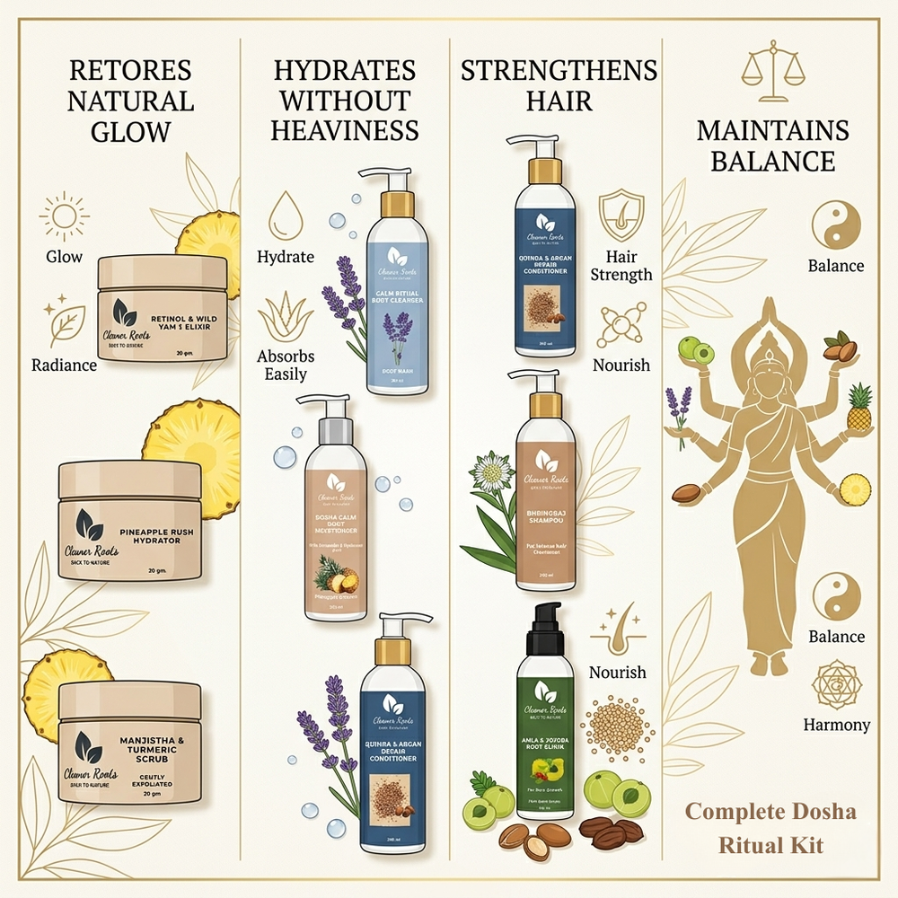 Cosmetic products with icons and text describing their benefits on a white background