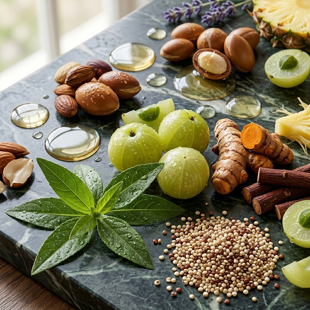 Assorted skincare ingredients like Amla,Jojoba, Qunioa Protein, Bhringraj, Manjistha, Turmeric on a stone slab.