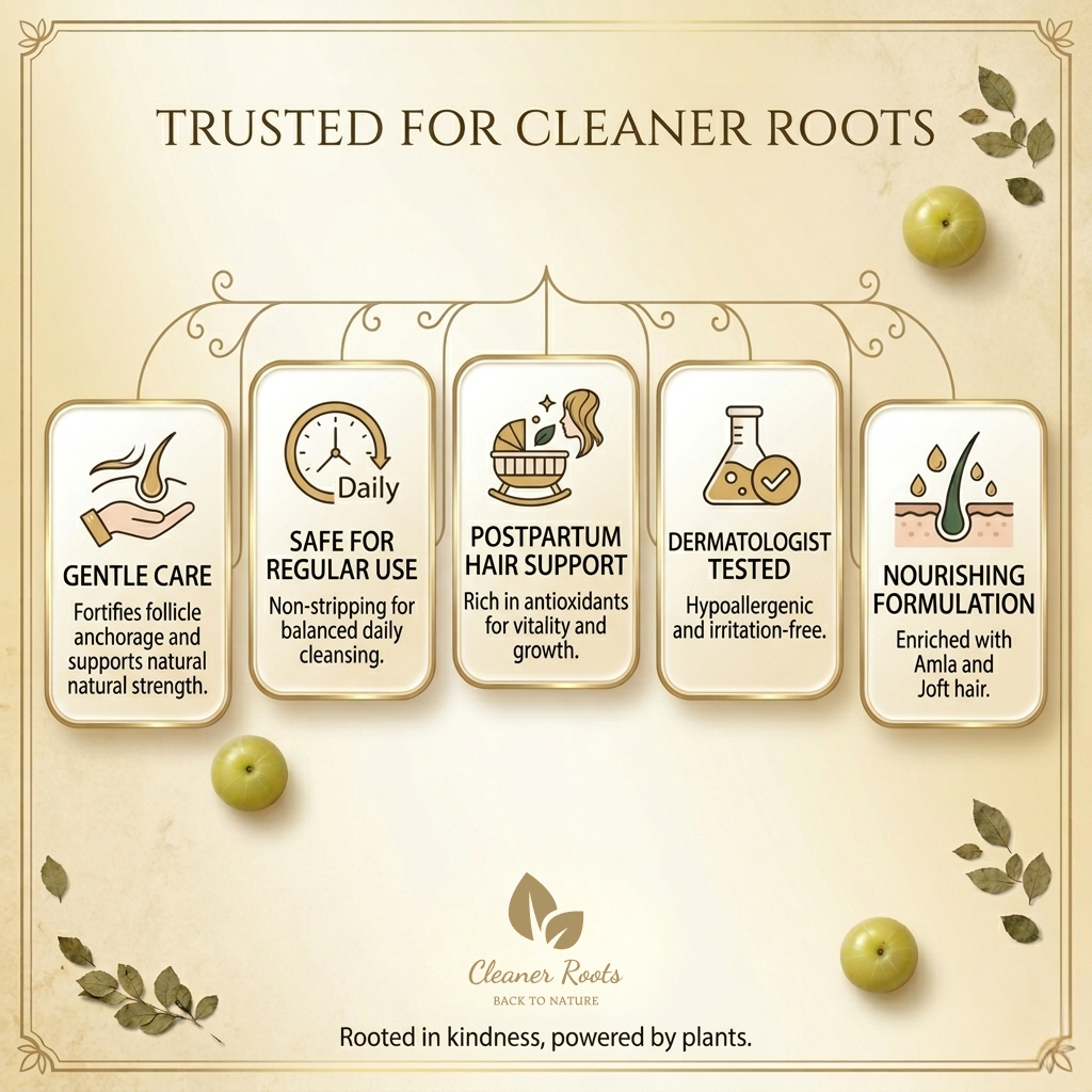 Product features of 'Cleaner Roots' with icons and text on a beige background.