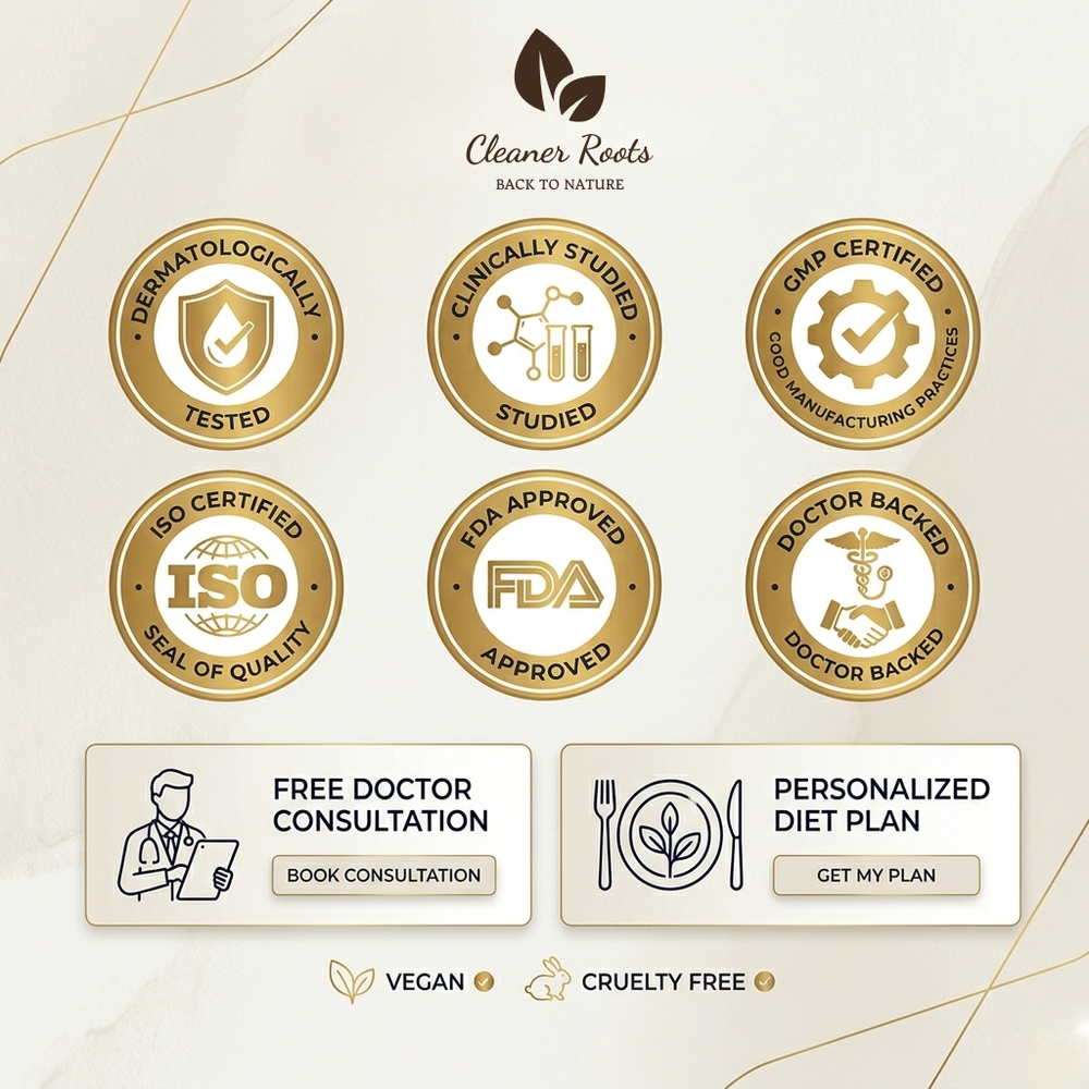Collection of certification badges for a brand named 'Cleaner Roots' on a light background.