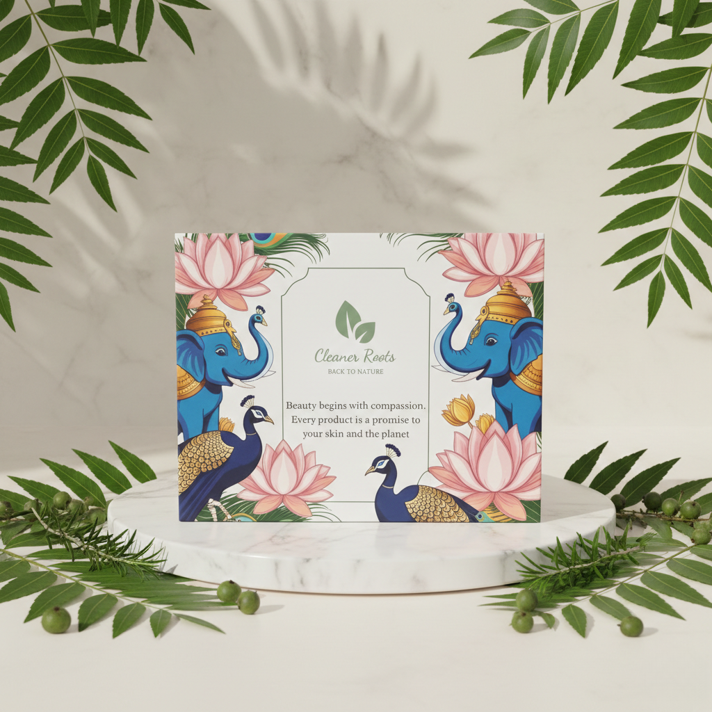 Product packaging with elephants, peacocks, and lotus flowers on a beige background