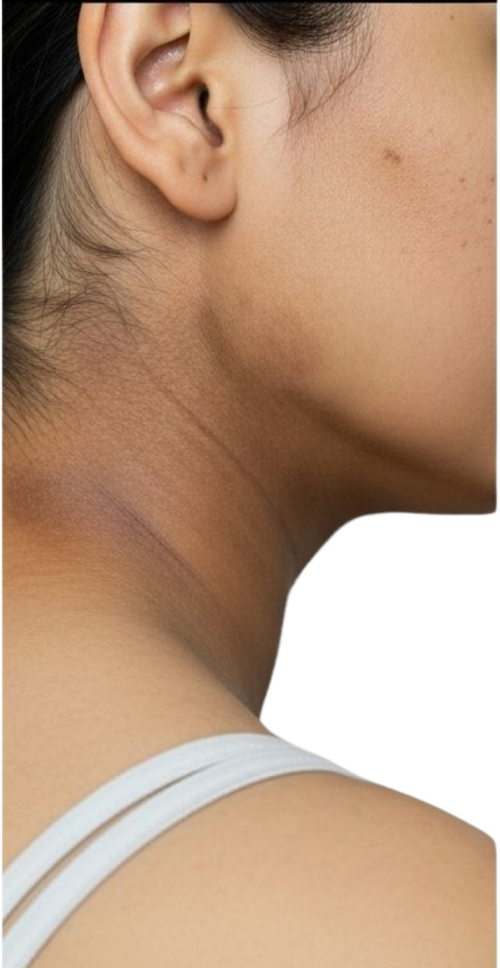 Close-up of a person's neck and shoulder with a light blue top