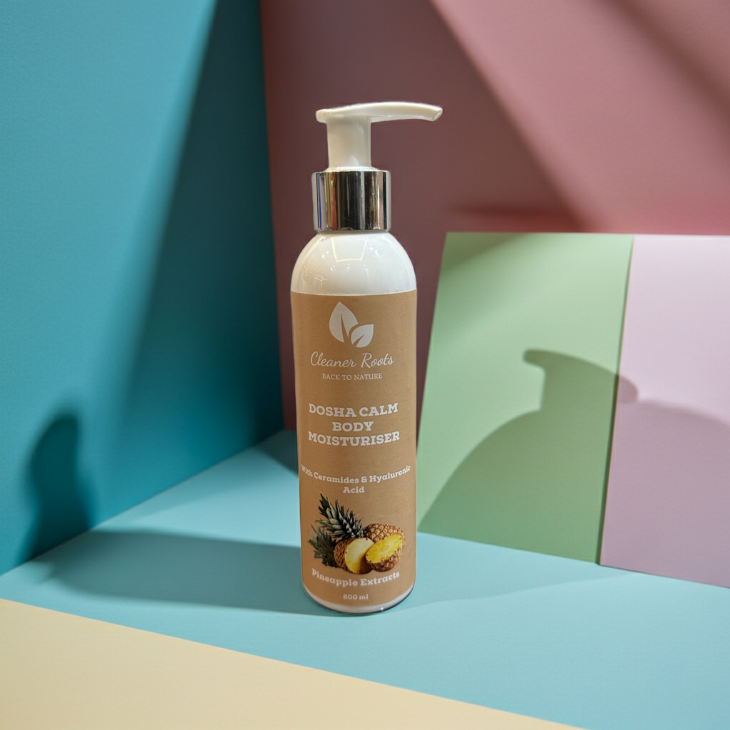 Body moisturizer bottle on a colorful geometric background