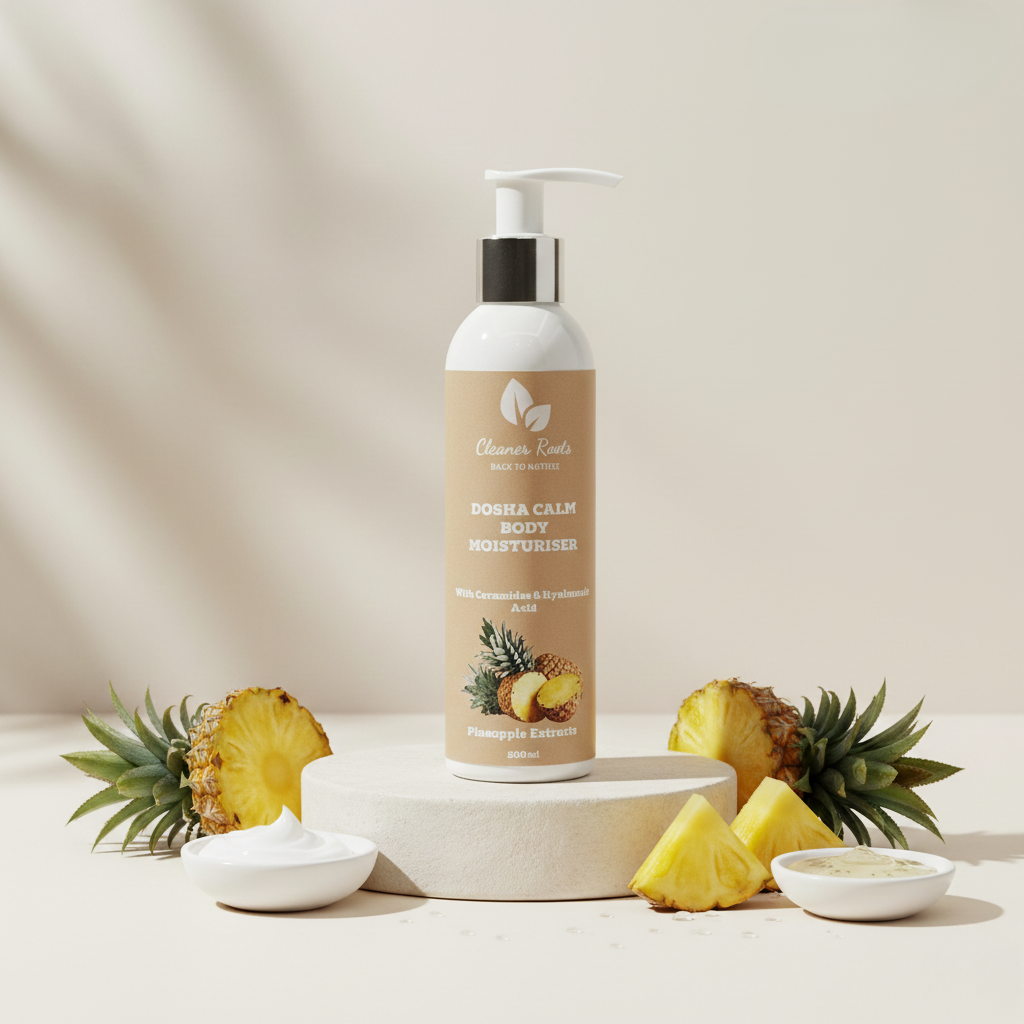 Body moisturizer bottle with pineapple slices and leaves on a neutral background