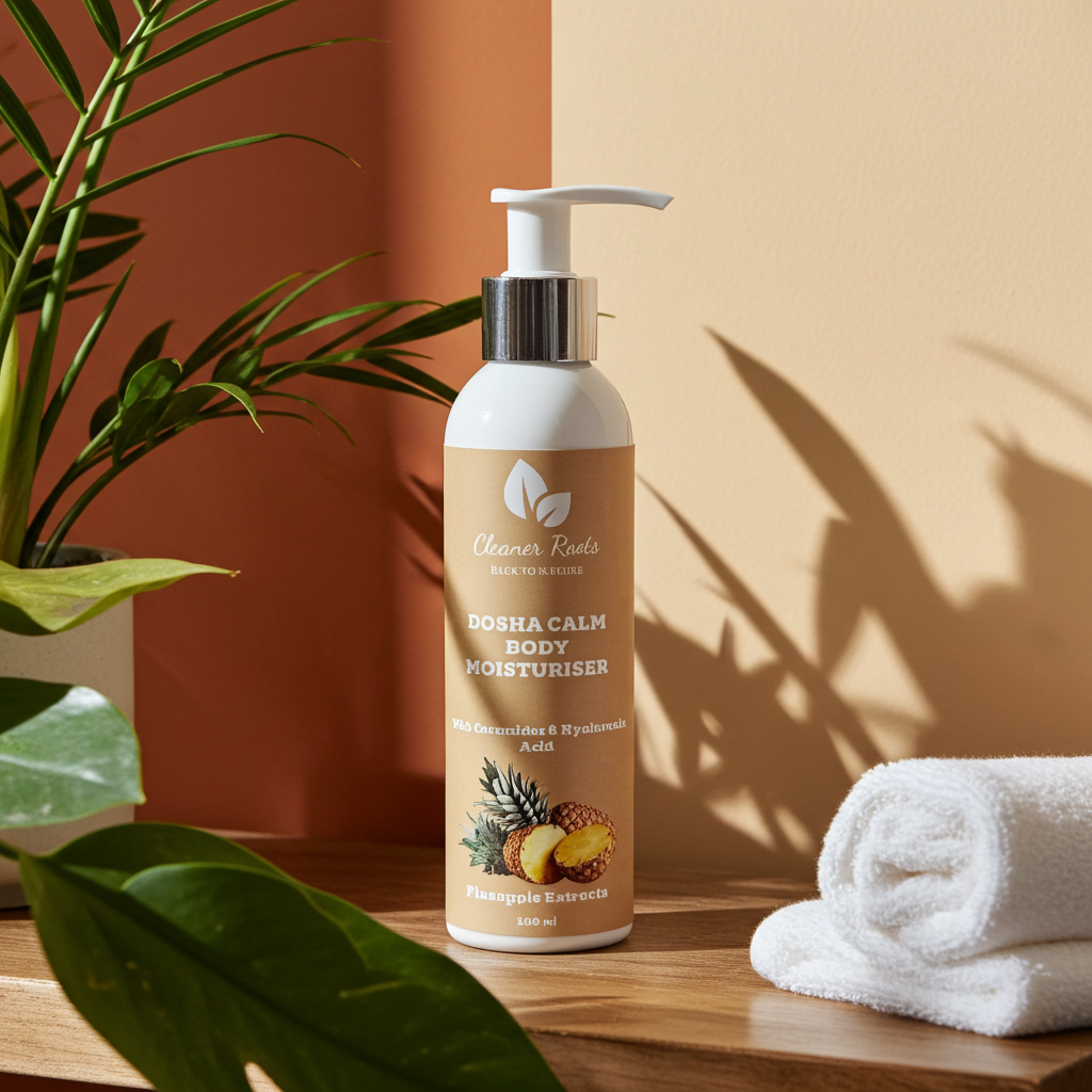 Body moisturizer bottle with a plant and towel on a wooden surface