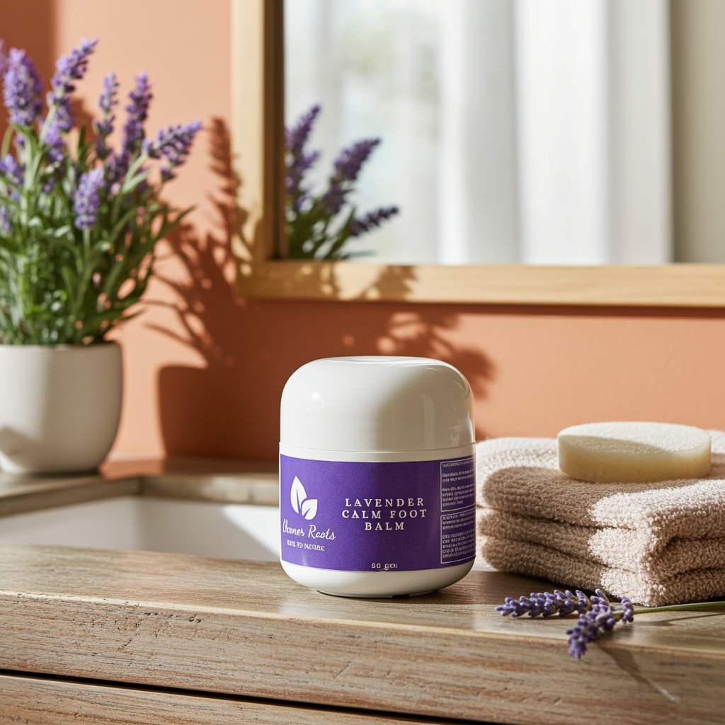 Lavender Calm Foot Balm with Towel and Plant Background