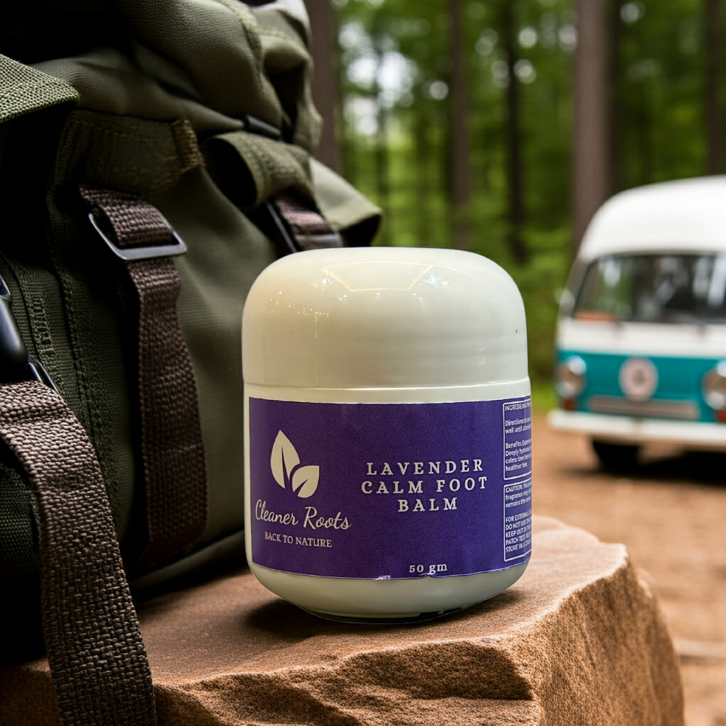 lavender Calm Foot Balm Camping Background with Vand and Bag