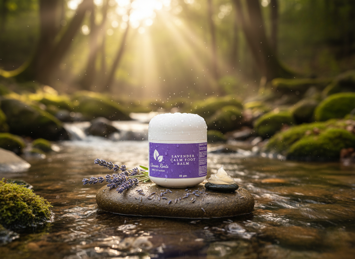 Lavender Calm Foot Balm Forest Background with River
