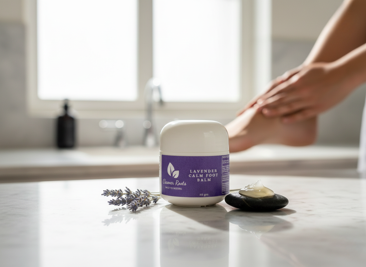 Lavender Calm Foot Balm with Lady Feet Background on Marble Top with lavender flower and stone