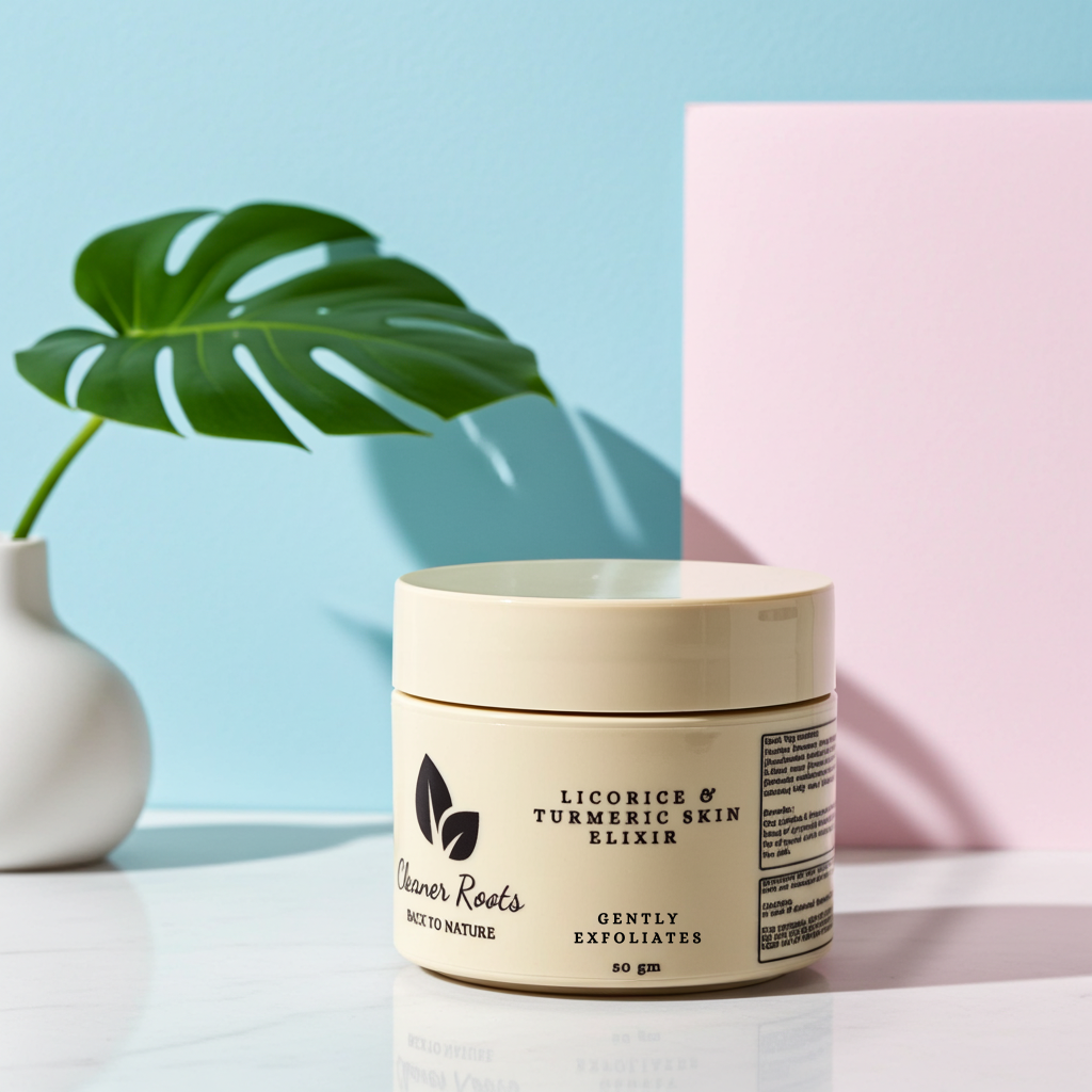 Jar of Licorice & Turmeric Skin Elixir with a plant and pink block in the background