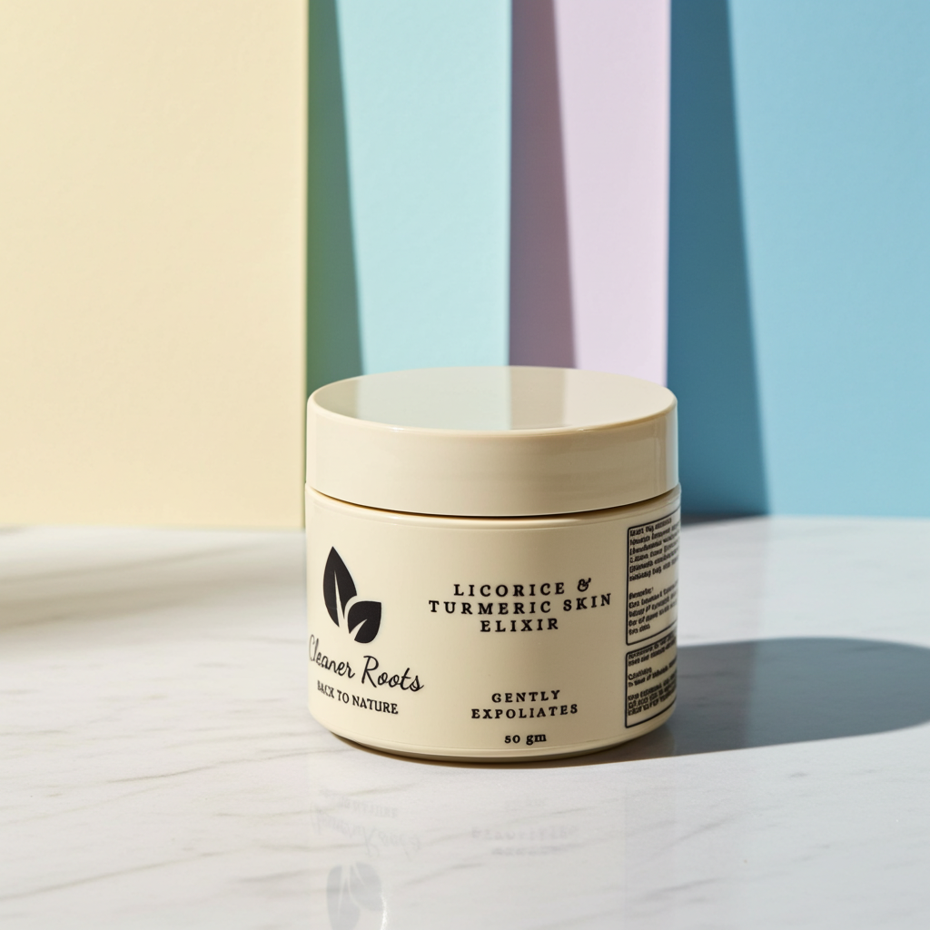 Jar of 'Licorice & Turmeric Skin Elixir' on a light surface with pastel-colored background
