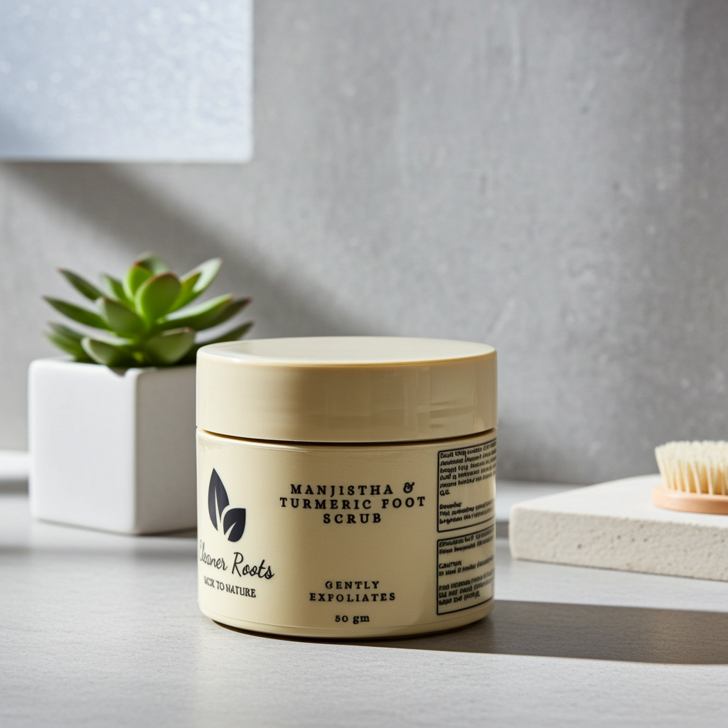 Jar of Manjistha & Turmeric Foot Scrub on a neutral background with a plant and bath items.