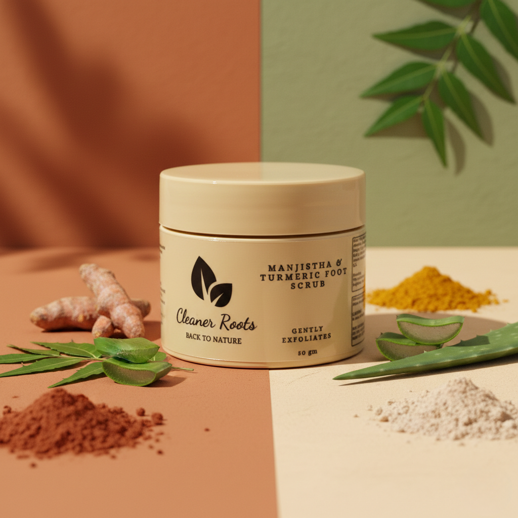 Jar of 'Cleaner Roots' foot scrub with natural ingredients on a colorful background
