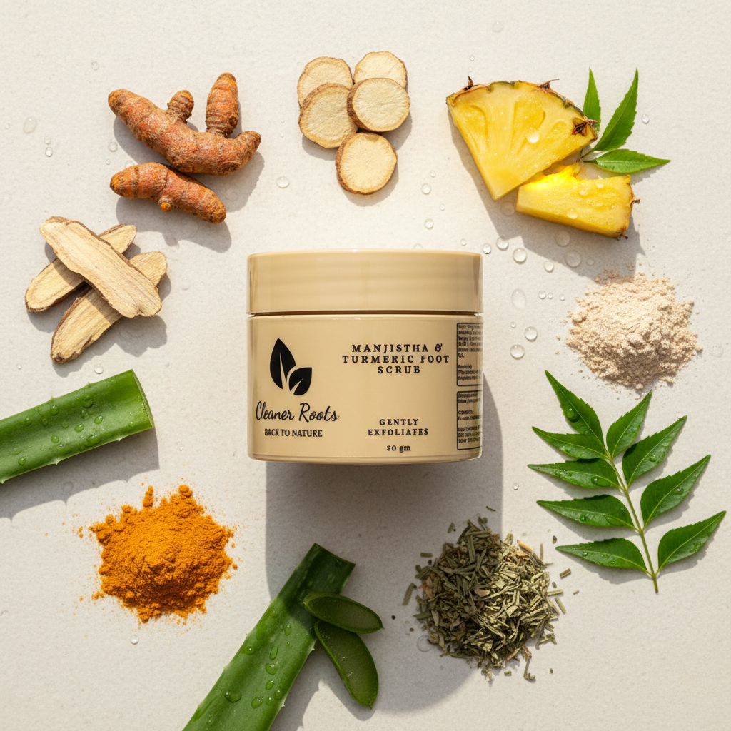 Foot scrub jar with natural ingredients on a light background