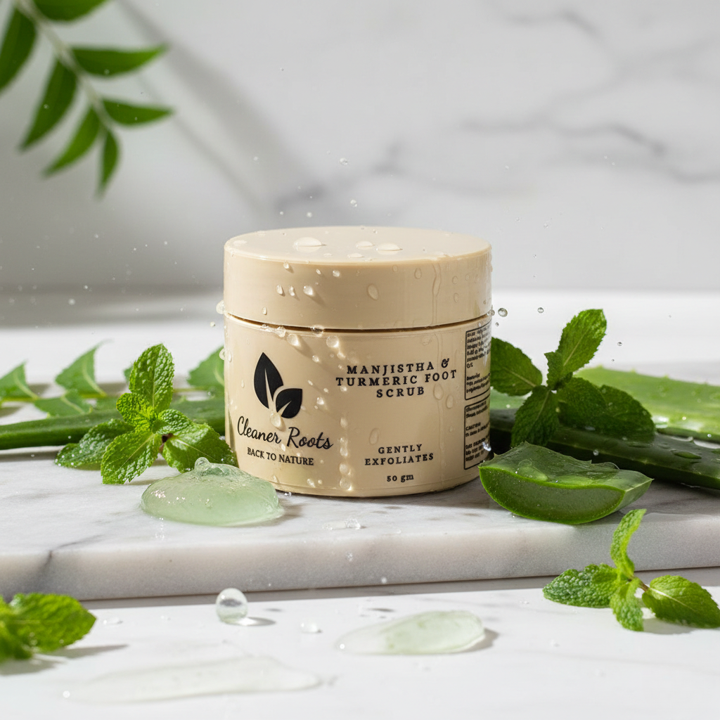 Jar of 'Manjistha & Turmeric Foot Scrub' by 'Cleaner Roots' with green leaves on a marble surface.