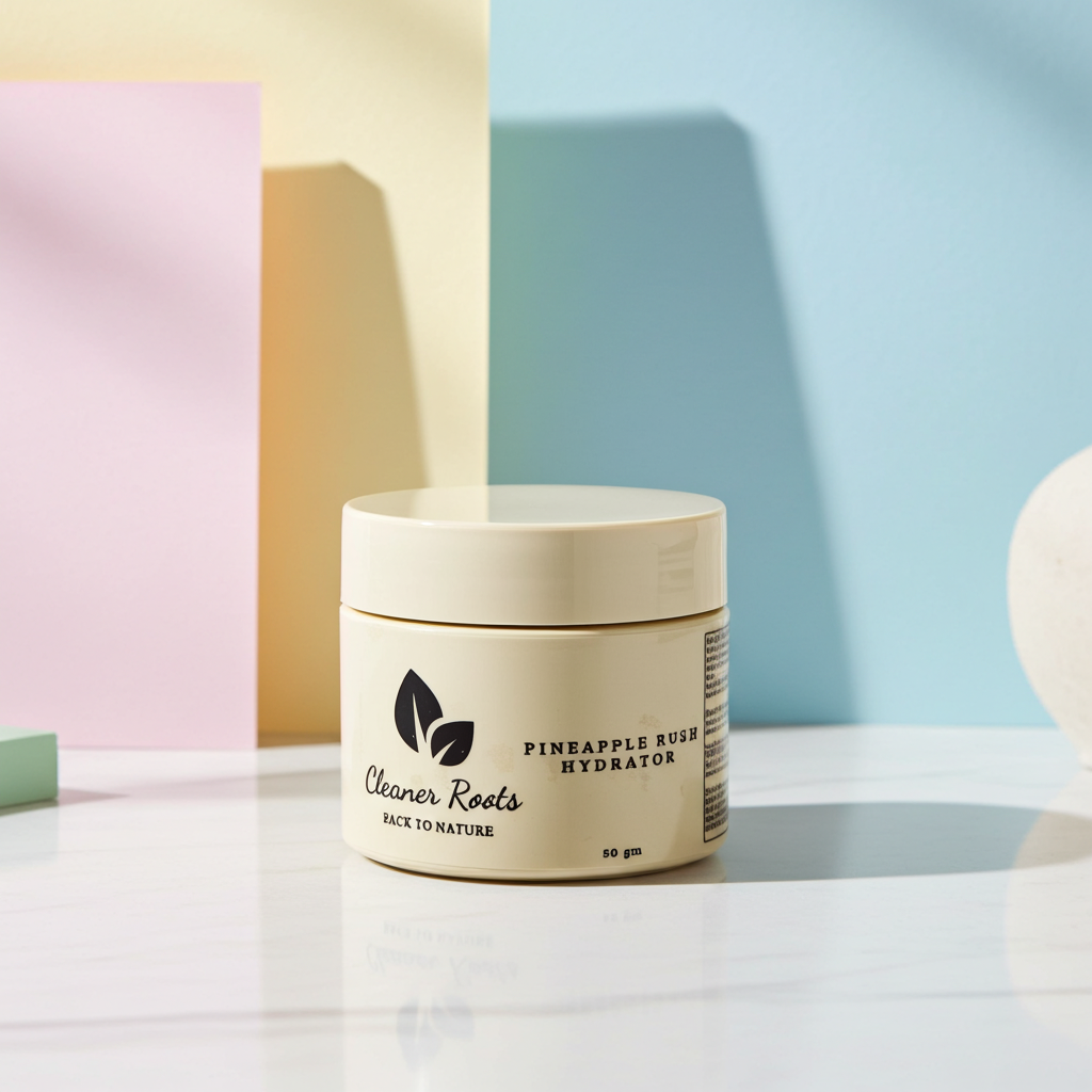 Jar of 'Cleaner Roots' Pineapple Rush Hydrator on a light surface with pastel-colored background