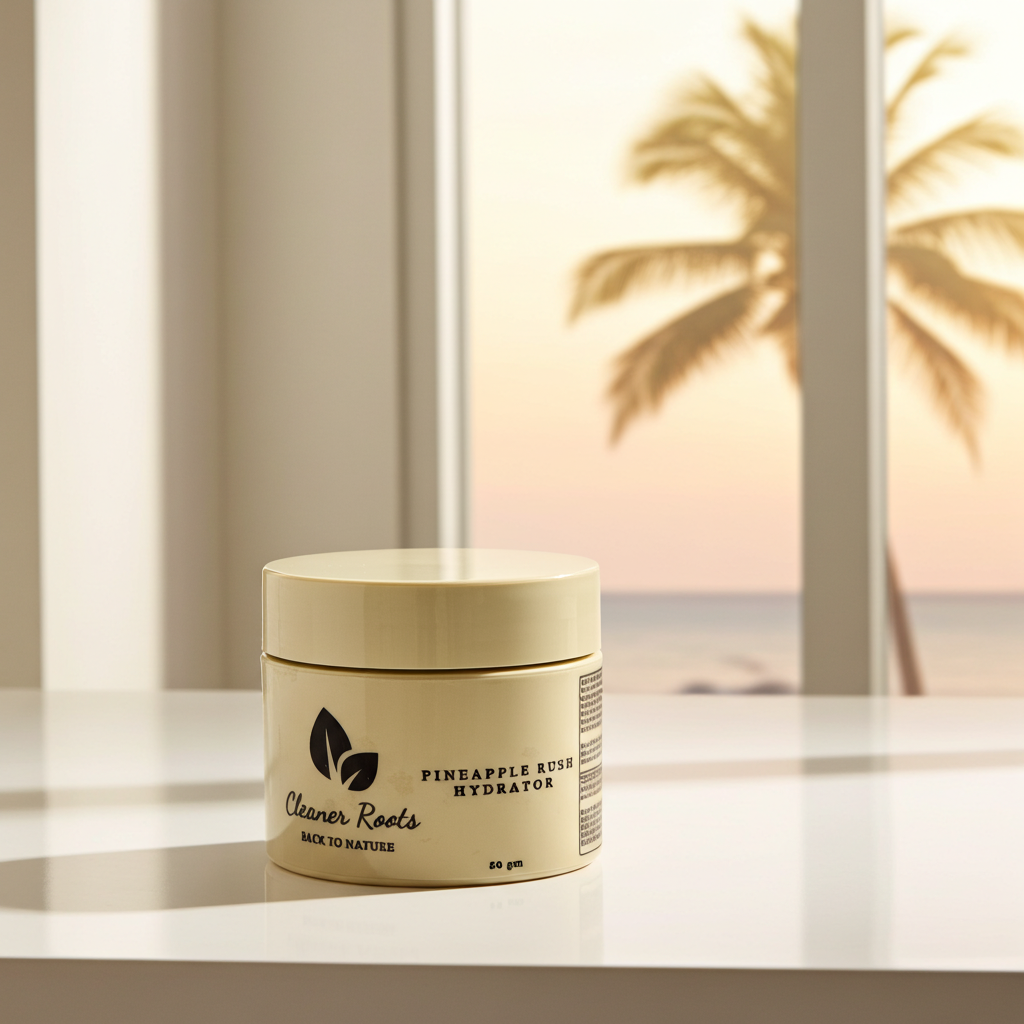Jar of 'Cleaner Roots' product on a surface with a blurred beach background