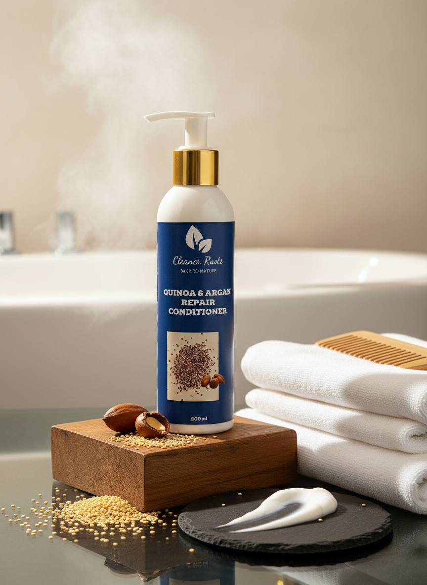 Quinoa and Argan Repair Conditioner bottle on a wooden block with towels and ingredients in a bathroom setting