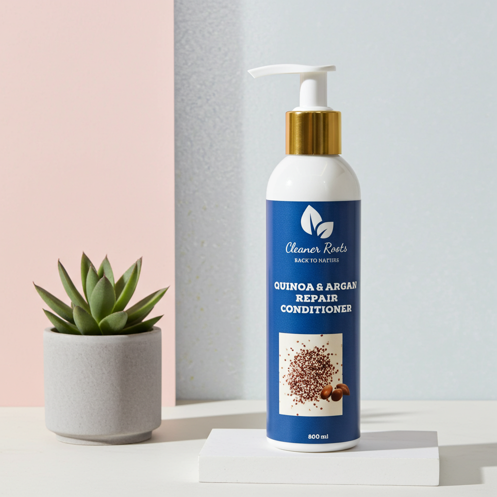 Quinoa & Argan Repair Conditioner bottle with a plant on a neutral background
