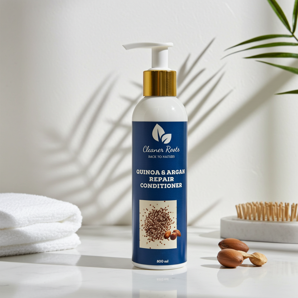Quinoa & Argan Repair Conditioner bottle on a white surface with towels and a plant in the background