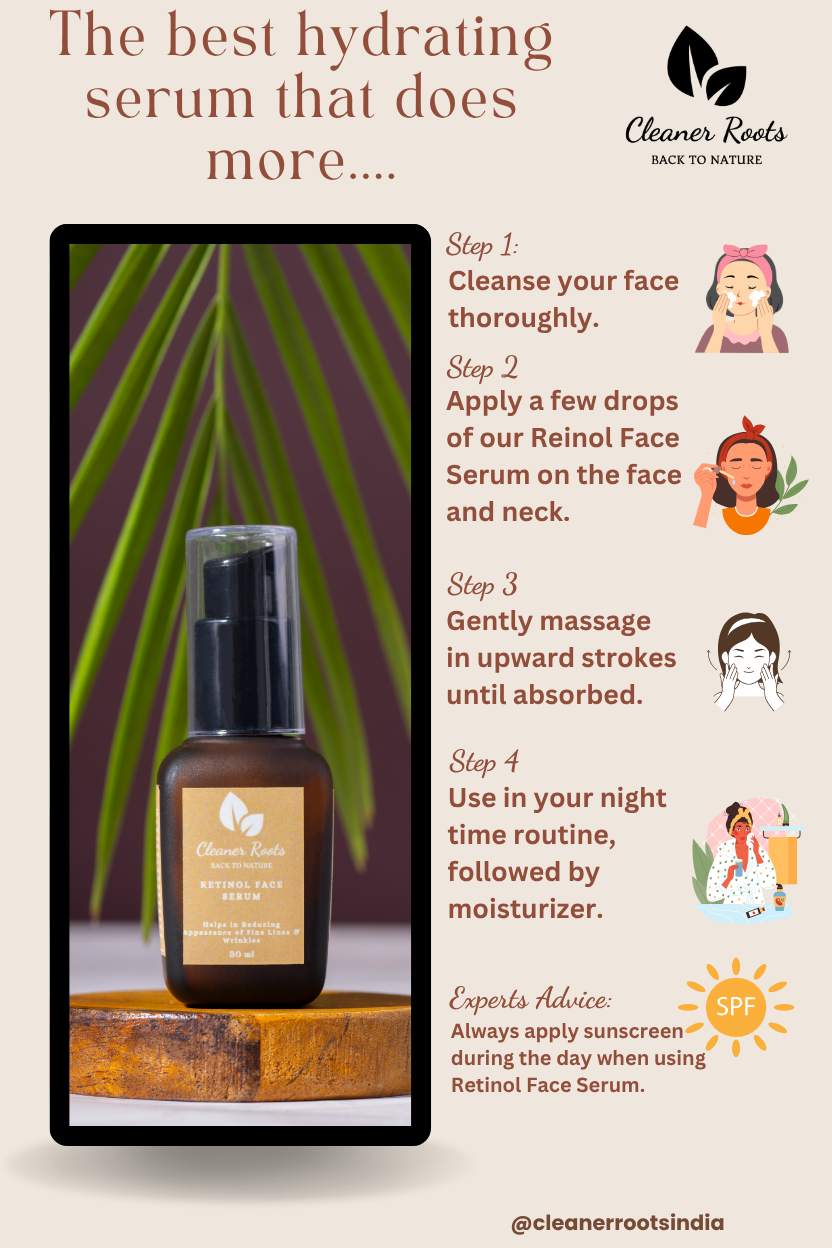 Cosmetic serum bottle with usage instructions on a beige background