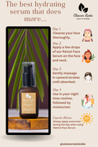 Cosmetic serum bottle with usage instructions on a beige background