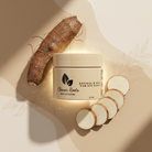 Jar of 'Cleaner Roots' product with sliced yam on a beige background