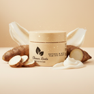 Jar of 'Cleaner Roots' eye elixir with yams on a beige background