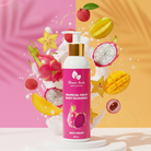 Tropical fruit body cleanser with fruits on a colorful background
