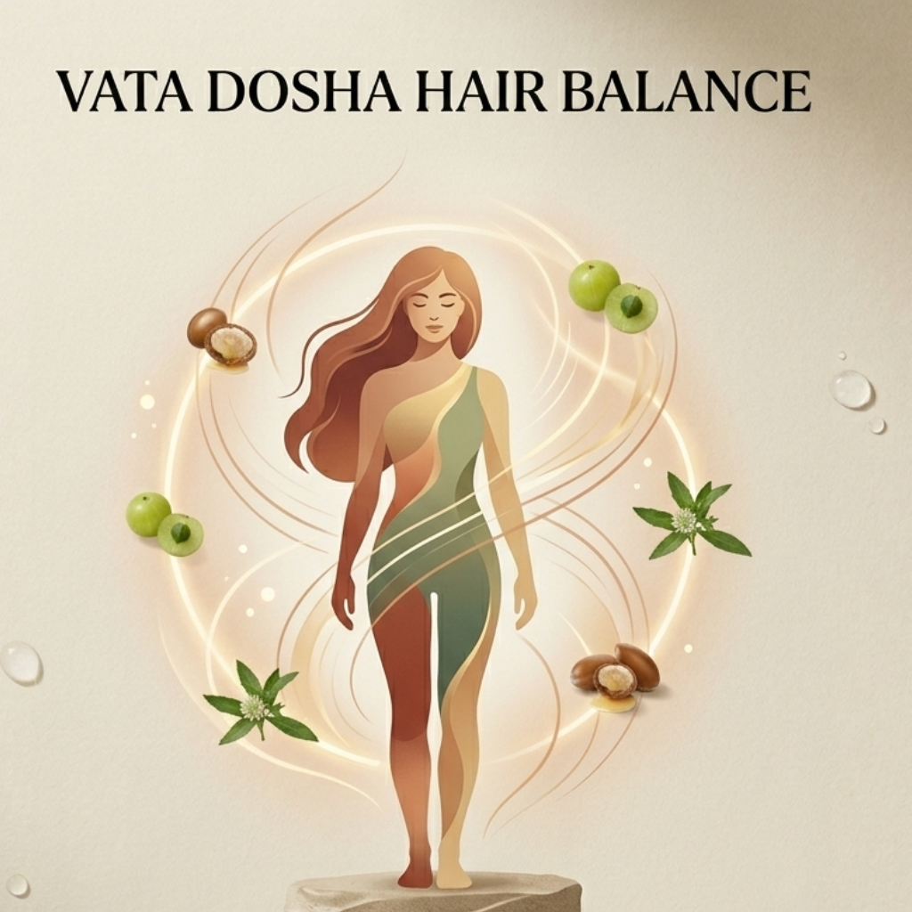 Illustration of a woman with Vata dosha hair balance on a beige background