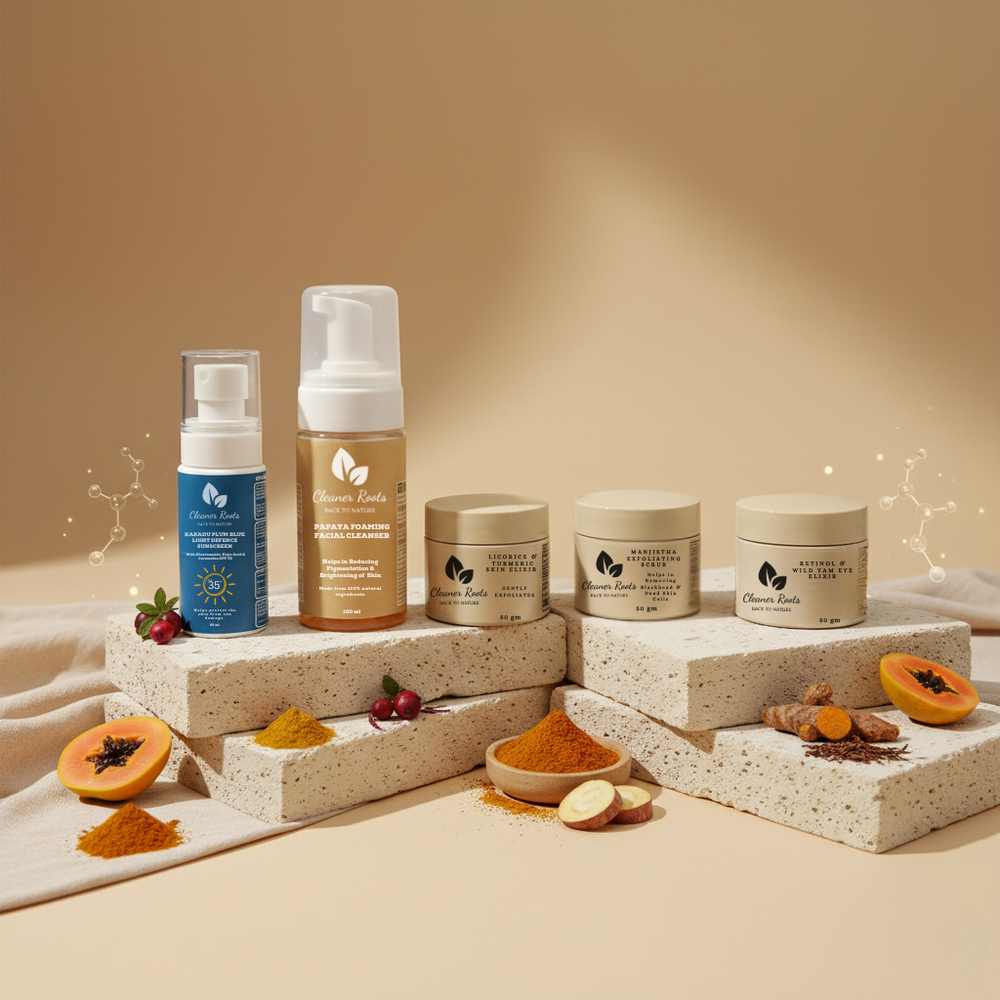 Collection of skincare products on a beige background with natural ingredients.