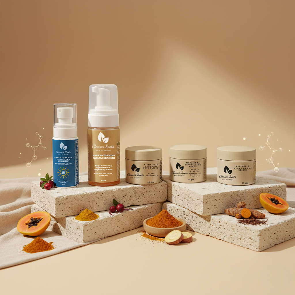 Collection of skincare products on a beige background with natural ingredients.