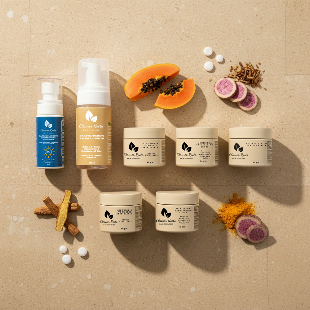 Collection of skincare products with natural ingredients on a beige background