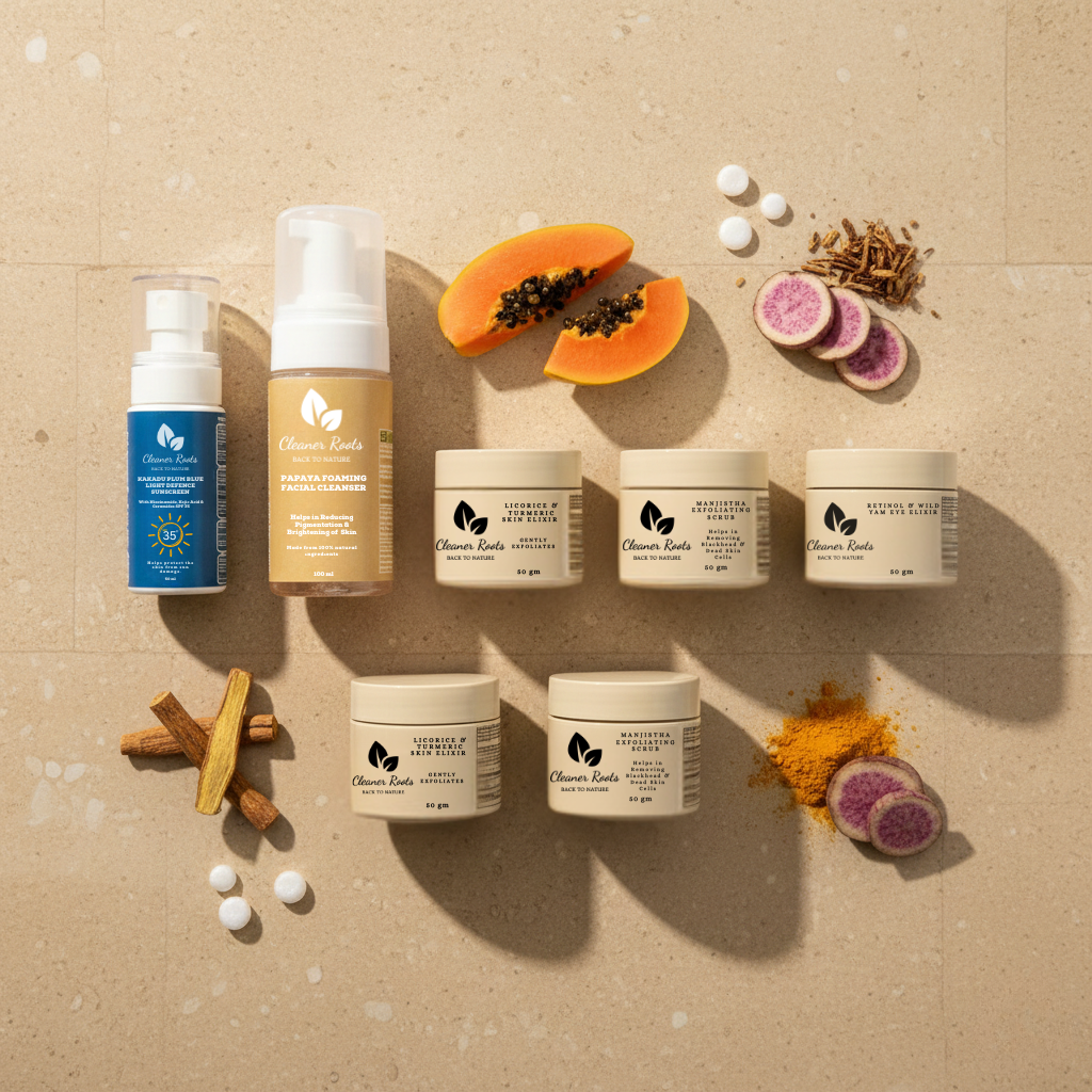 Collection of skincare products with natural ingredients on a beige background