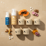 Collection of skincare products with natural ingredients on a beige background