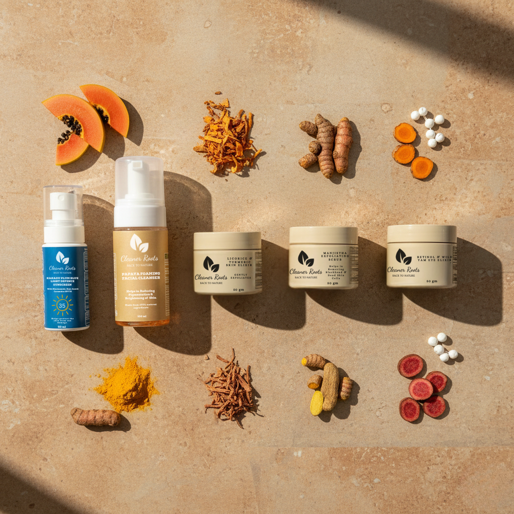 Collection of skincare products and natural ingredients on a textured surface