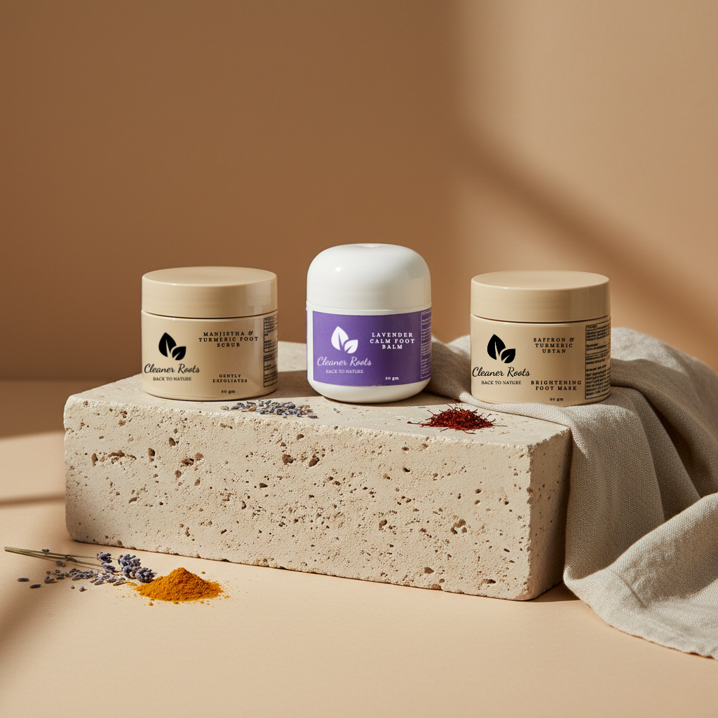 Three skincare products on a textured stone block with a neutral background