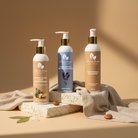 Three bottles of skincare products on a beige background