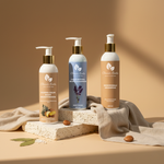 Three bottles of skincare products on a beige background