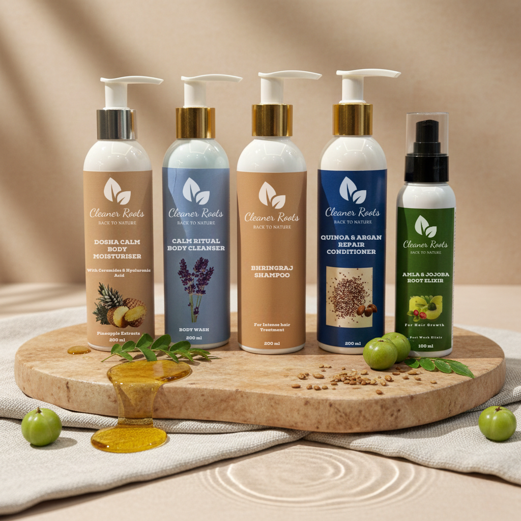 Set of 'Cleaner Roots' skincare products on a wooden board with natural ingredients.