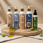Set of 'Cleaner Roots' skincare products on a wooden board with natural ingredients.
