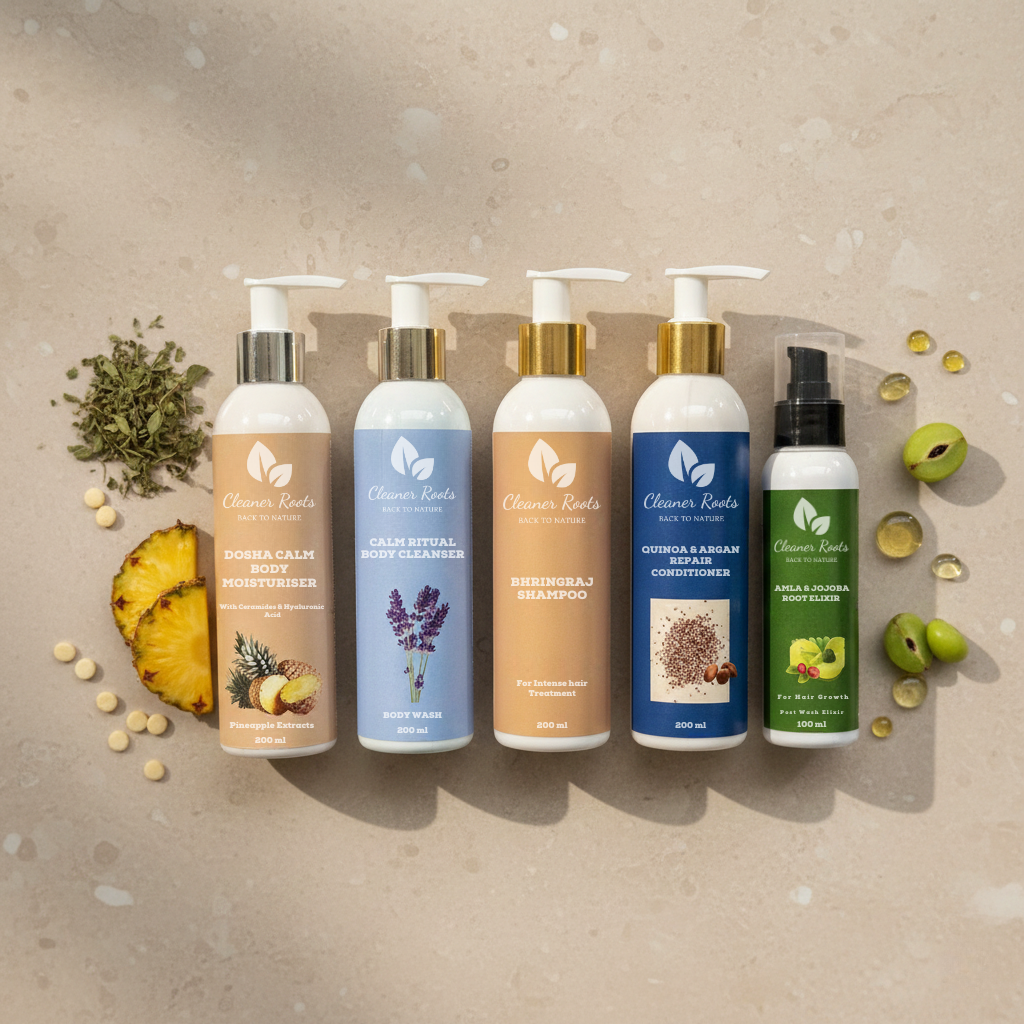 Set of five skincare products with natural elements on a beige background