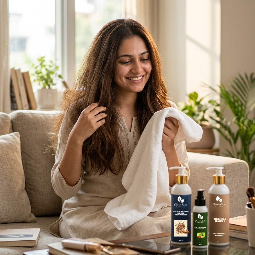 Woman cleaning a surface with a cloth, surrounded by cleaning products in a bright living room.